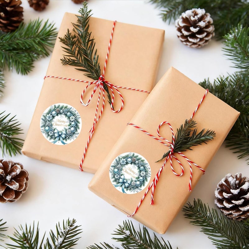 g2plus Merry Christmas Stickers - 120Pcs Blue Christmas Wreath Stickers, 2'' Round Xams Lables for Envelope Seals, Gift Bags, Gift Boxes, Holiday Party Favors - Image 4